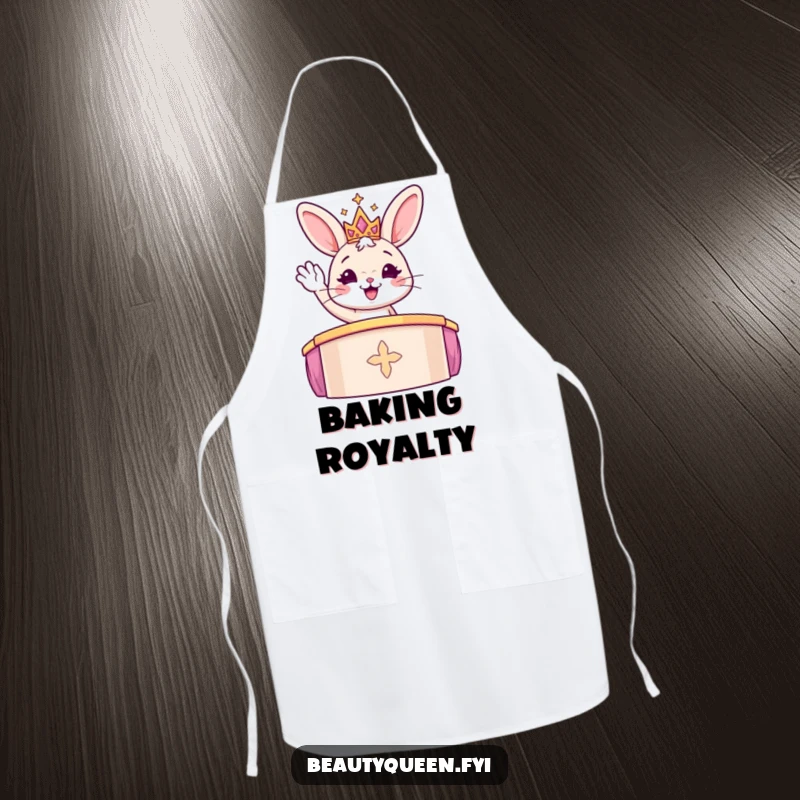 Funny bunny in a sparkly tiara waving, ready for culinary duty on a cute kitchen apron.