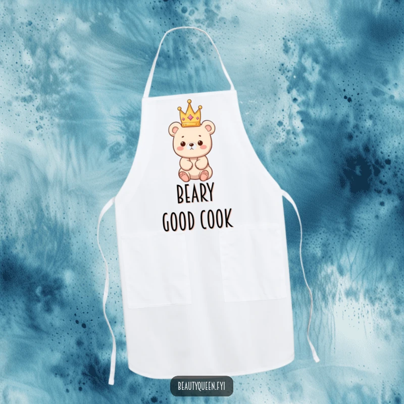 Funny bear apron featuring a kawaii bear cub precariously balancing a tiny crown, perfect for adding cuteness to kitchen activities.