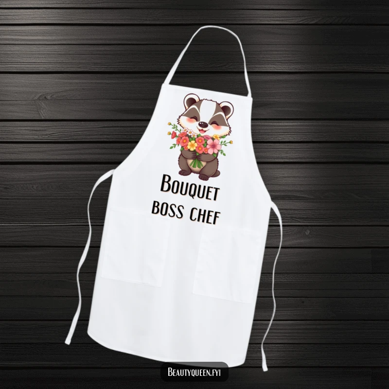 Funny Apron: A happy badger proudly holds flowers, ready for kitchen duties with a joyful grin.