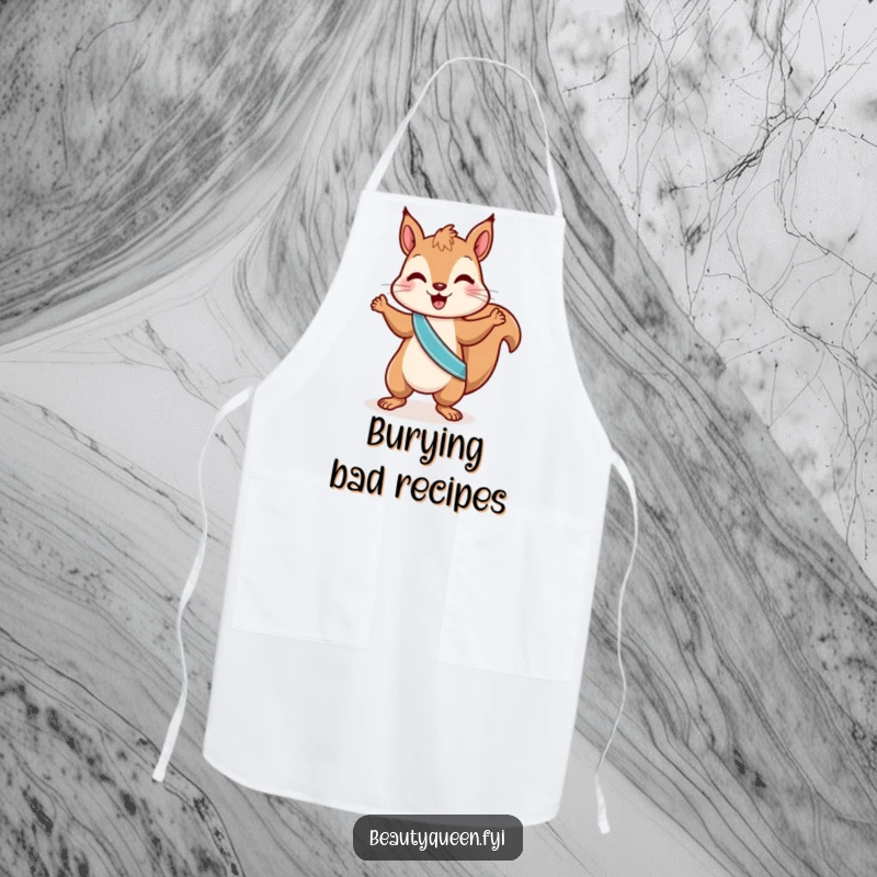 Funny squirrel apron showing a playful squirrel in a sash, doing a little dance, ready to cook up hilarious meals with nutty flair.