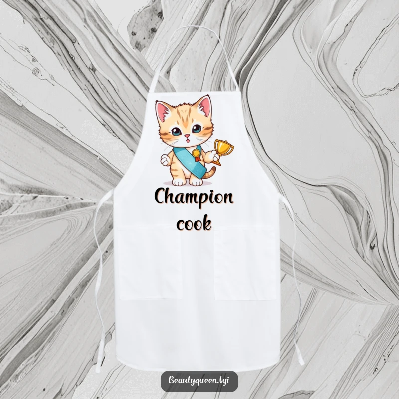 Funny apron design showing a tiny kitten in a glitter sash holding a small trophy, ready for kitchen duties.