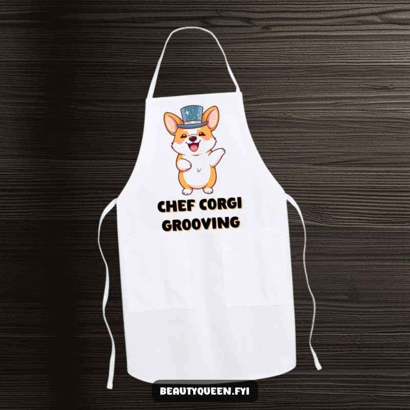 Funny corgi wearing a sequined top hat and doing a little dance on a practical and humorous kitchen apron.