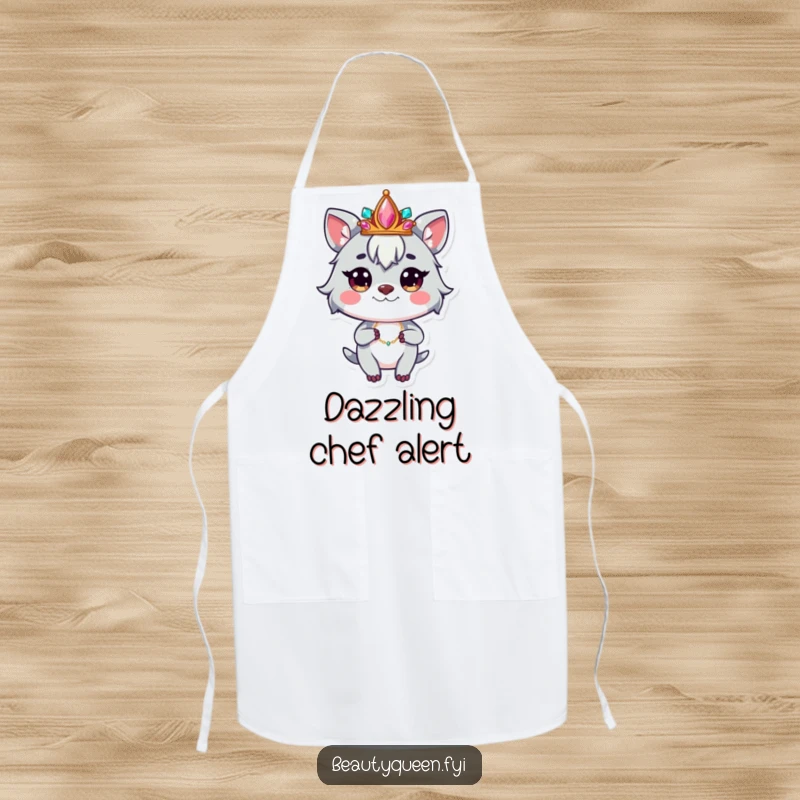 Funny apron depicting a whimsical animal character wearing a jeweled crown, striking a confident pose, ready for kitchen mastery.