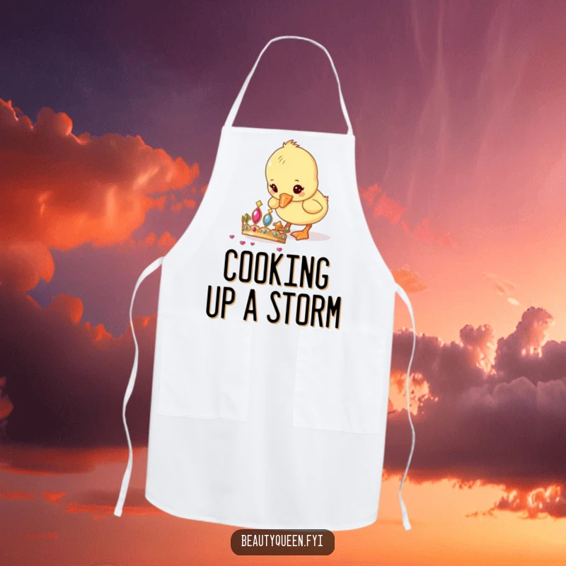 Funny Apron featuring a curious duckling pecking at a sparkling tiara, adding a touch of whimsy to your kitchen attire.