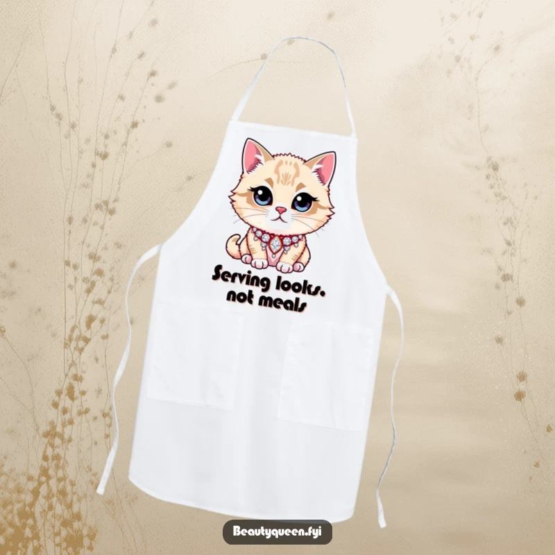 Funny Apron showcasing a majestic cat wearing a glittering rhinestone collar, ready to add sparkle to your cooking adventures.