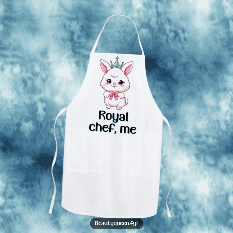 Funny bunny apron featuring a fluffy bunny wearing a sparkly crown and striking a playful pose with a bow.