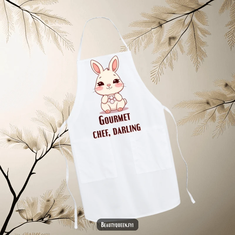 Funny bunny necklace apron, blushing rabbit chef, protective kitchen wear with chic humor, a delightful and funny cooking gift.