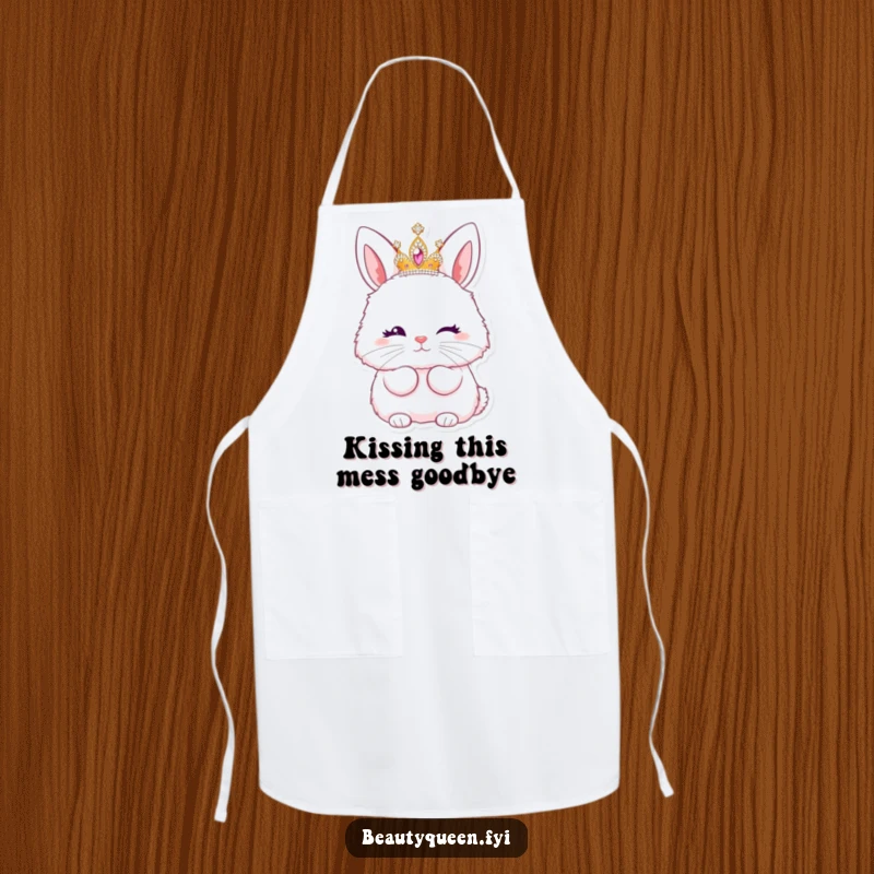 Funny apron showing a fluffy bunny princess in a tiara, winking and blowing a kiss while cooking.
