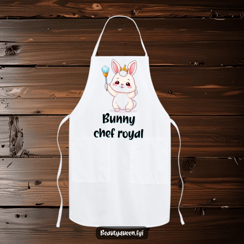 Funny bunny in a tiara playfully tossing a sparkling scepter, depicted on a whimsical apron. Magical kitchen wear.