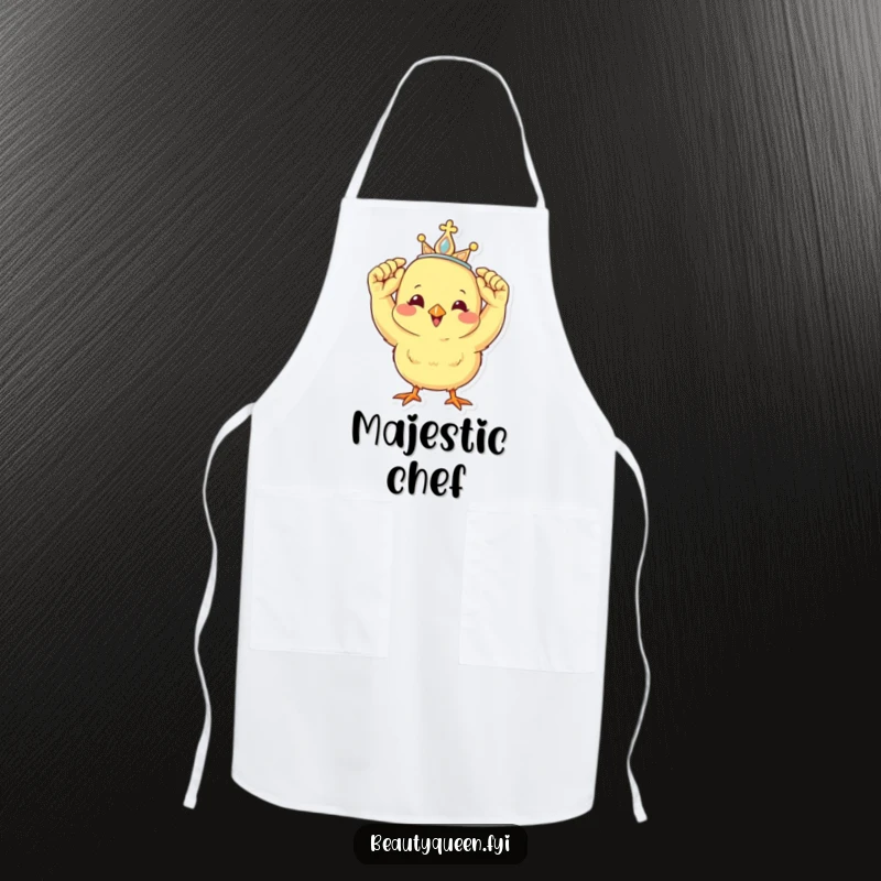 Funny apron featuring a cheerful chick adjusting a miniature tiara, adding a touch of royal humor to cooking.