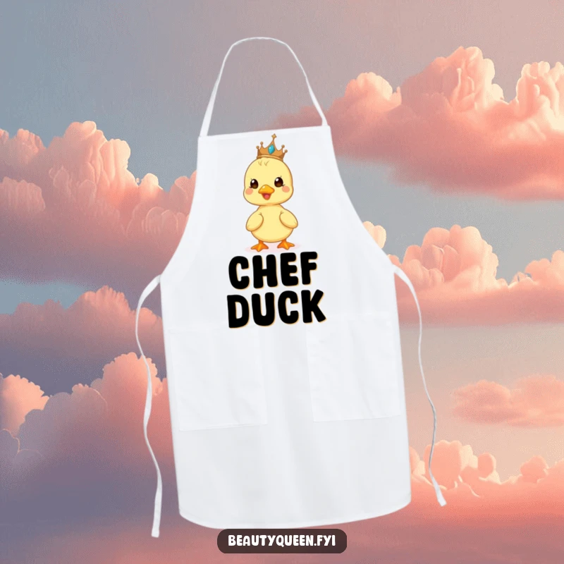 Funny apron design showing a cute duckling beaming while balancing a tiny tiara, perfect for a cheerful cook.