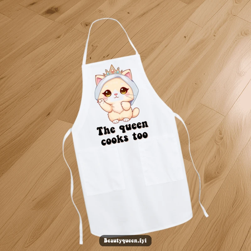 Funny Cat Bride Apron: Kitchen apron with a humorous illustration of a fluffy cat adjusting her sparkly crown and veil.
