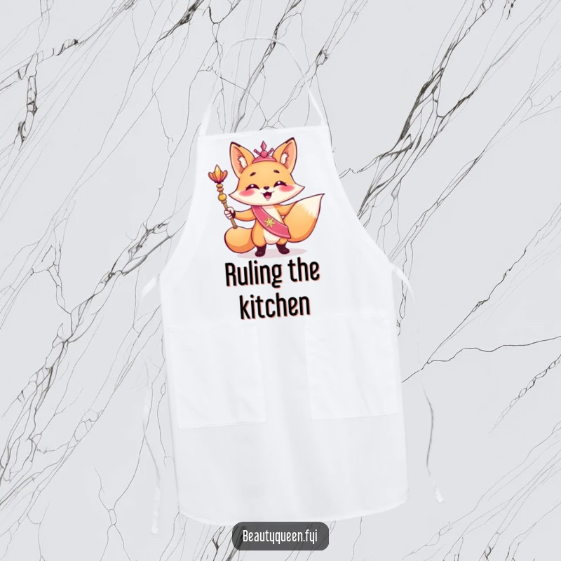 Funny apron with a giggling fox in a sash holding a scepter, triumphantly posed for kitchen fun and regal humor.