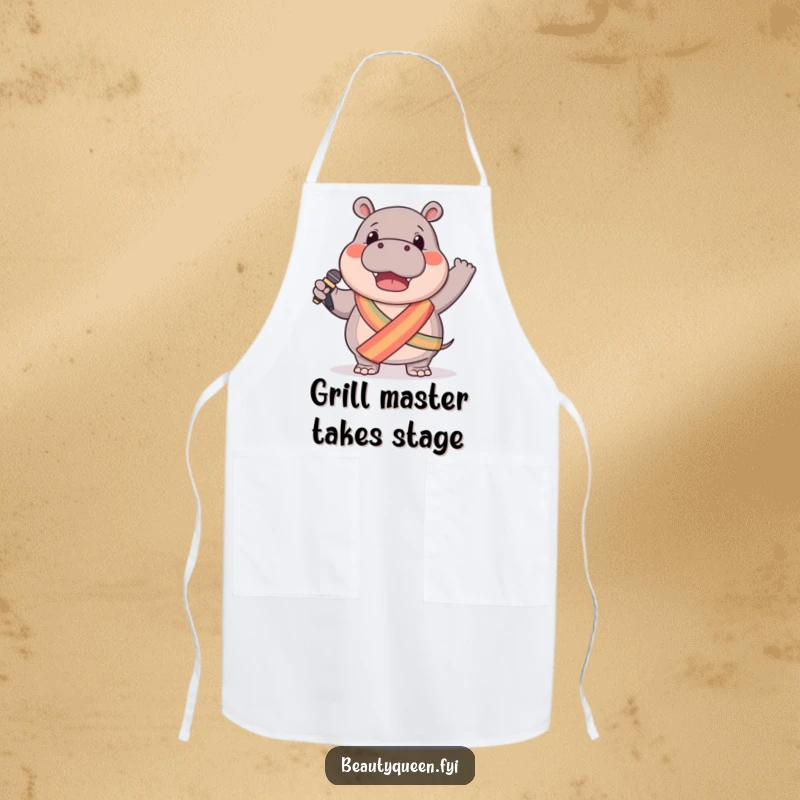 Funny hippo apron depicting a gentle hippo in a sash, enthusiastically waving a microphone, ideal for humorous kitchen performances.