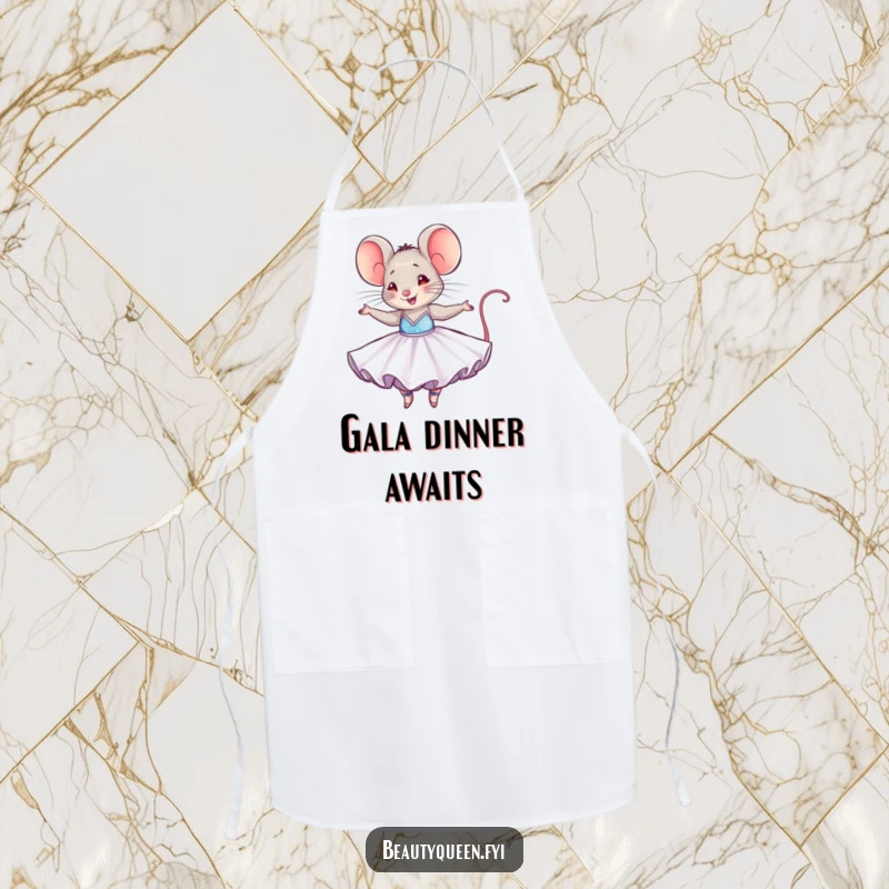 Funny mouse apron depicting a tiny mouse in a dazzling ballgown, joyfully twirling, ideal for elegant and humorous kitchen tasks.