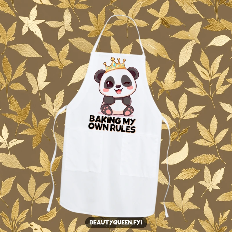Funny Panda King Crown Apron, a panda wearing a crown winks playfully, perfect for humorous kitchen tasks.