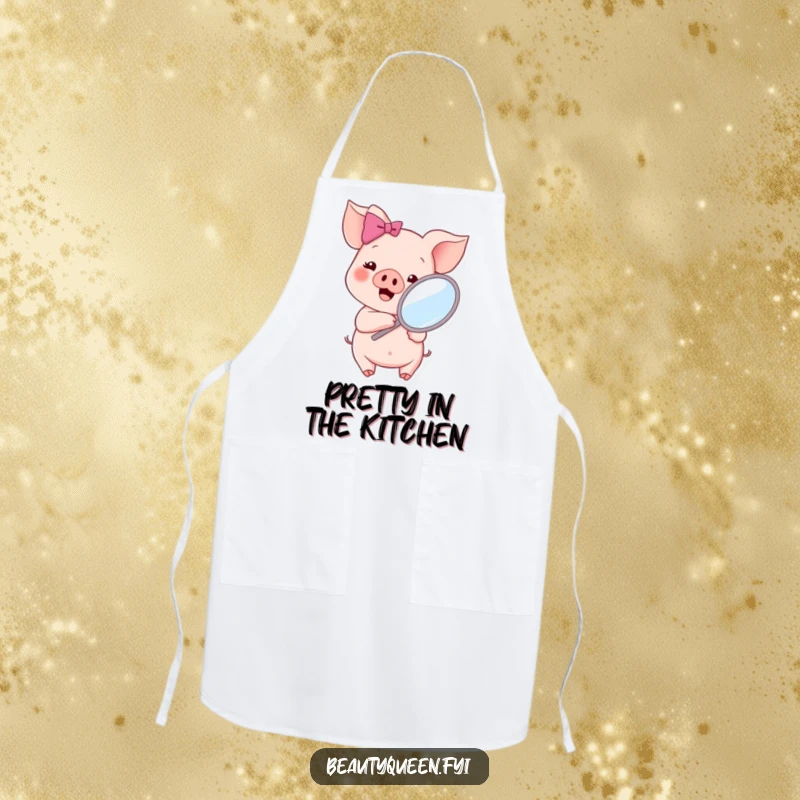 Funny piglet with a pink bow holding a mirror, looking at its reflection while wearing a cute apron for kitchen fun.