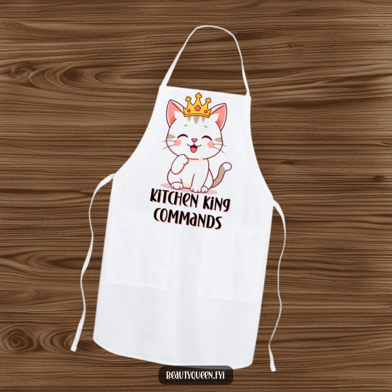 Funny cat wearing a tiny crown, posing with a paw on its chin, printed on a stylish apron. Regal kitchen wear.