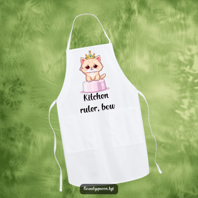 Funny cat crown apron, royal chef feline, protective kitchen wear with regal humor, a delightful and funny cooking gift.