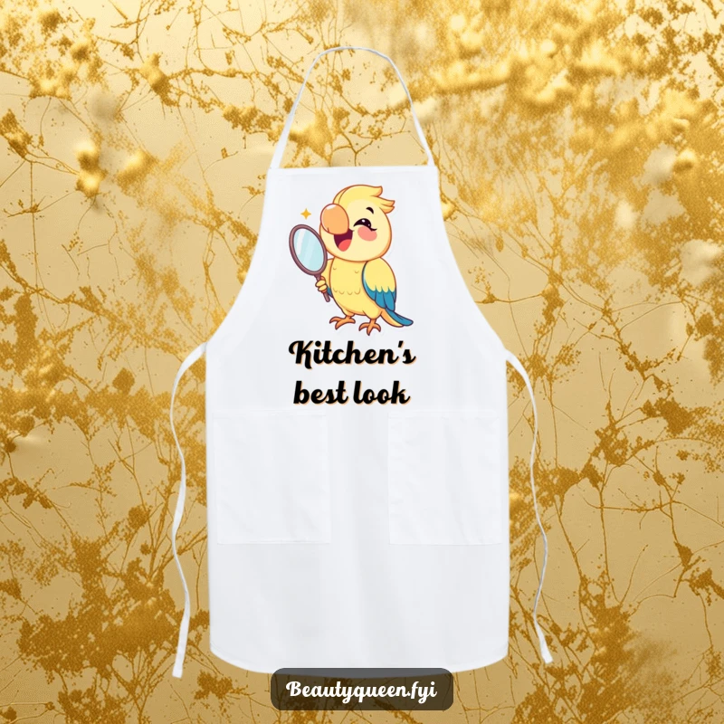 Funny parrot apron with a joyful parrot smiling and holding a mirror, making cooking more glamorous and fun with avian charm.