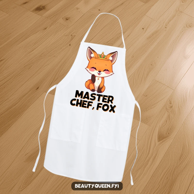 Funny fox apron showing a happy fox adjusting a tiny, gleaming diadem, ready to cook up hilarious meals with foxy flair.