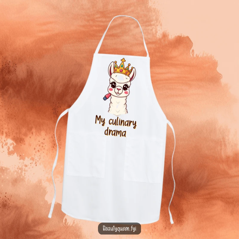 Funny Llama Apron: A playful llama queen with a tilted crown and lipstick strikes a funny pose, ready to create royal culinary magic.