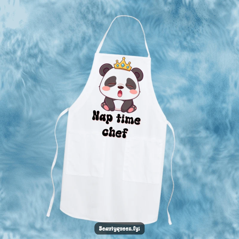 Funny Panda Apron: Kitchen apron featuring a humorous illustration of a sleepy panda wearing a tiara, yawning widely.