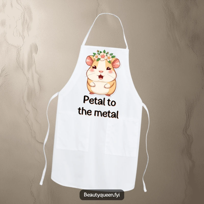Funny guinea pig wearing a floral crown, winking and giggling, printed on a charming apron. Cute kitchen wear.
