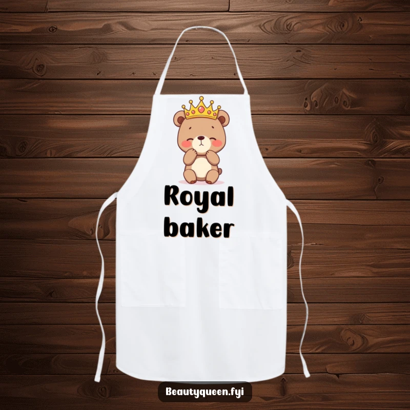 Funny apron featuring a bashful bear cub in a crown practicing a curtsey, perfect for chefs and home cooks who want to add humorous grace.