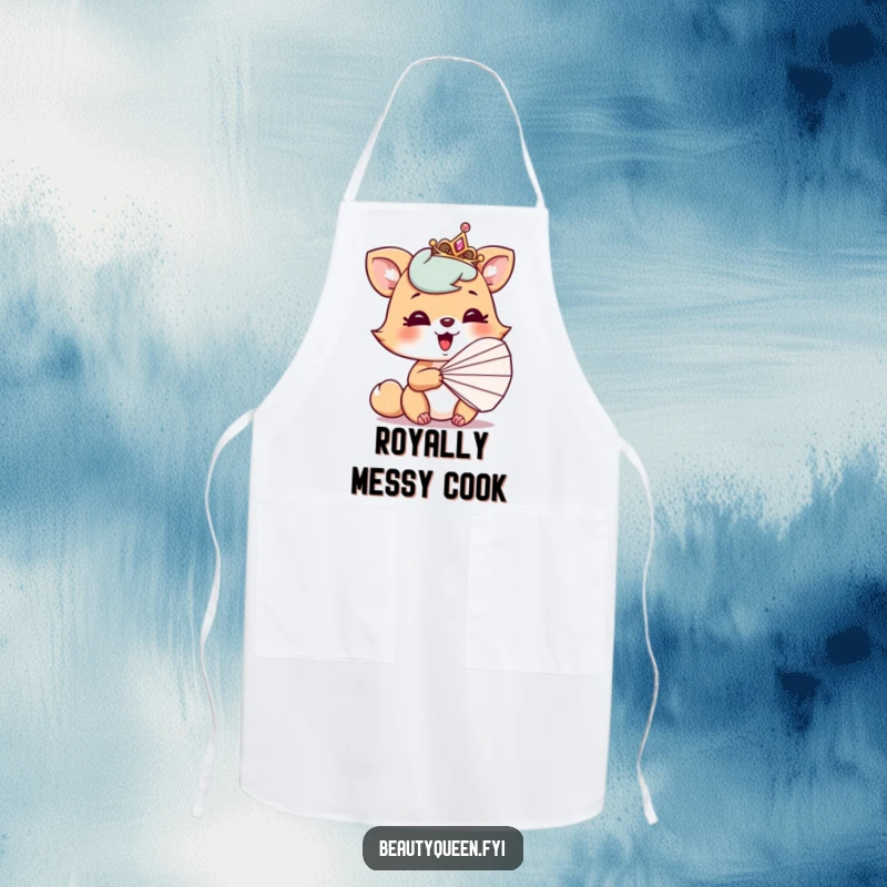 Funny apron design with a playful animal wearing a tilted tiara, giggling behind a fan, perfect for kitchen humor.