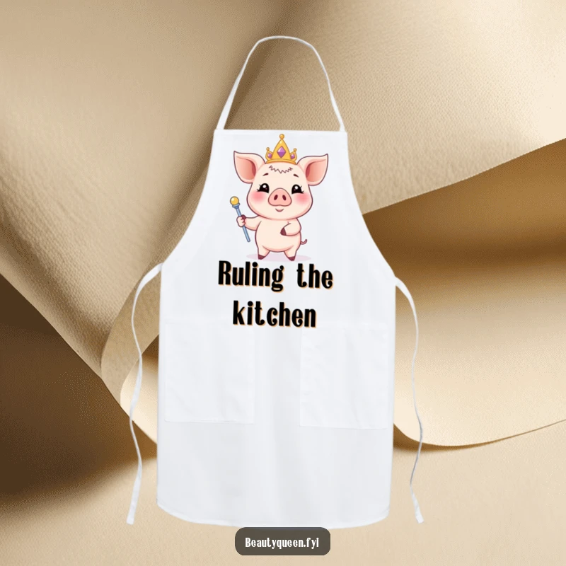 Funny piglet apron with a smiling piglet wearing a pastel tiara and scepter, ideal for elegant kitchen fun.