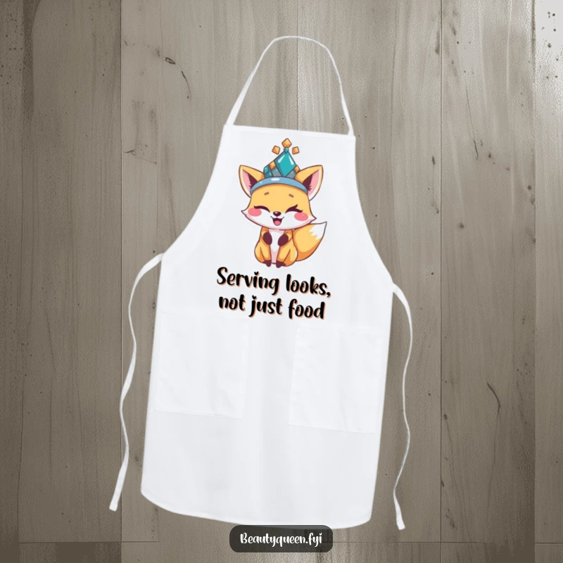 Funny happy fox in a bejeweled hat, winking playfully, featured on a stylish and humorous apron.