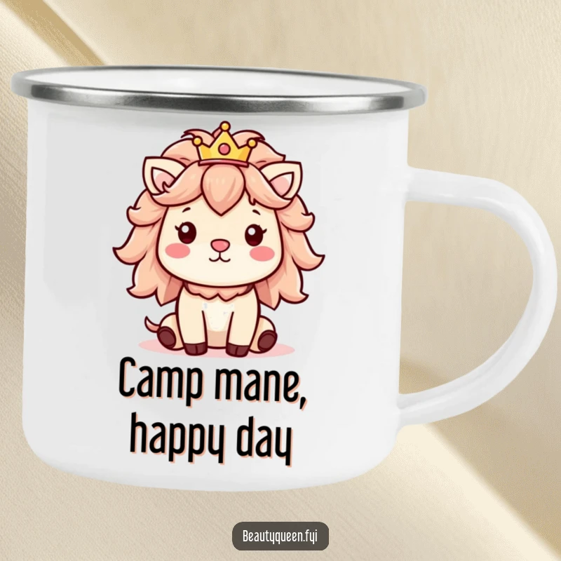 Funny camping mug showing a cheerful animal with a fluffy mane and a tiny crown, ready for outdoor fun.