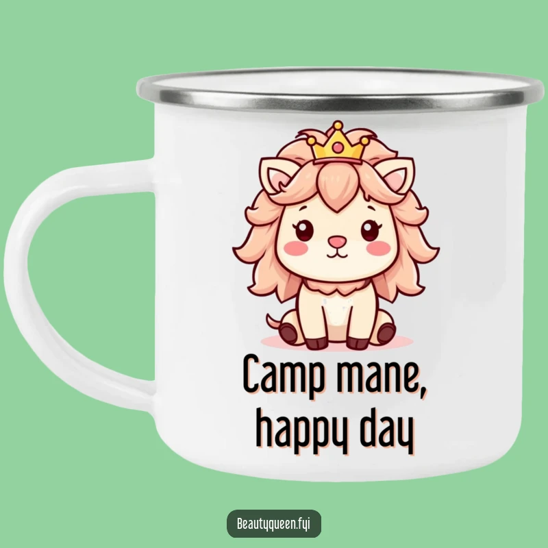 Funny Camping Mug: Cheerful animal fluffy mane and crown, royal sips outdoors