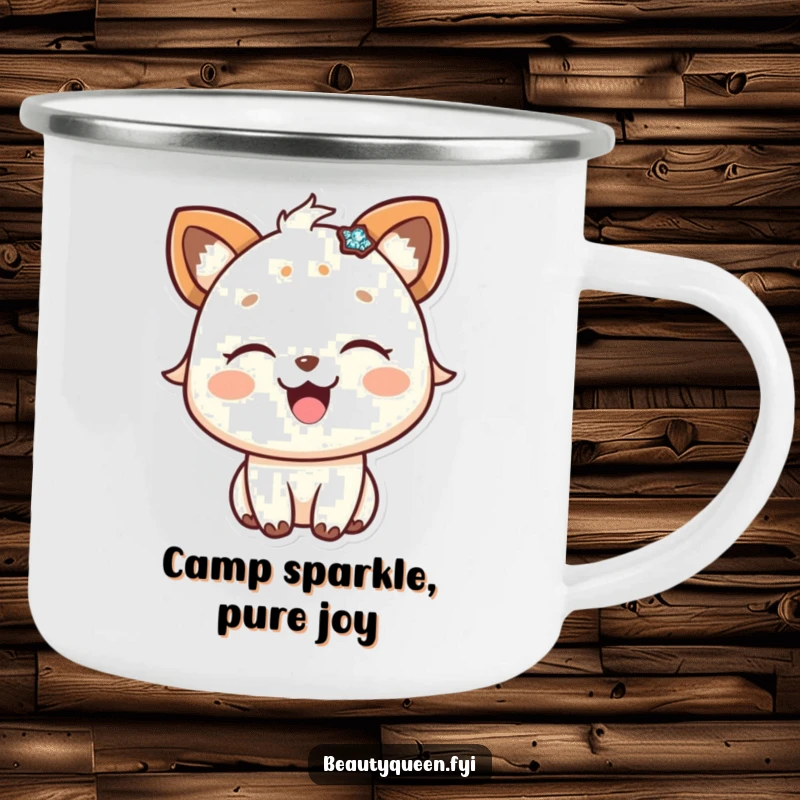 Funny camping mug showing a happy animal with eyes closed in delight, adorned with a sparkly accessory.