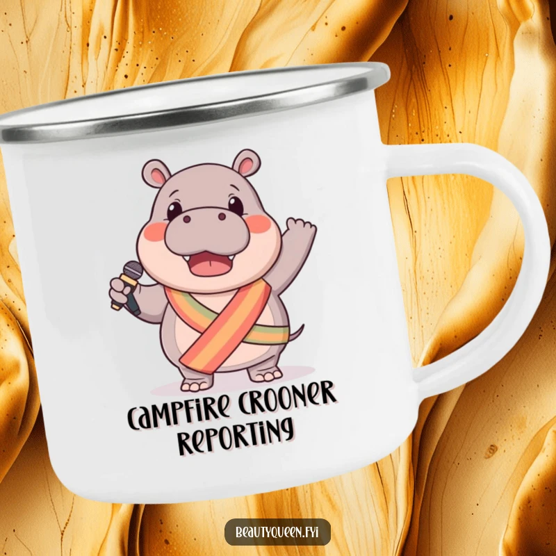 Funny hippo camping mug with a gentle hippo in a sash, waving a microphone, perfect for outdoor singing and humorous sips.