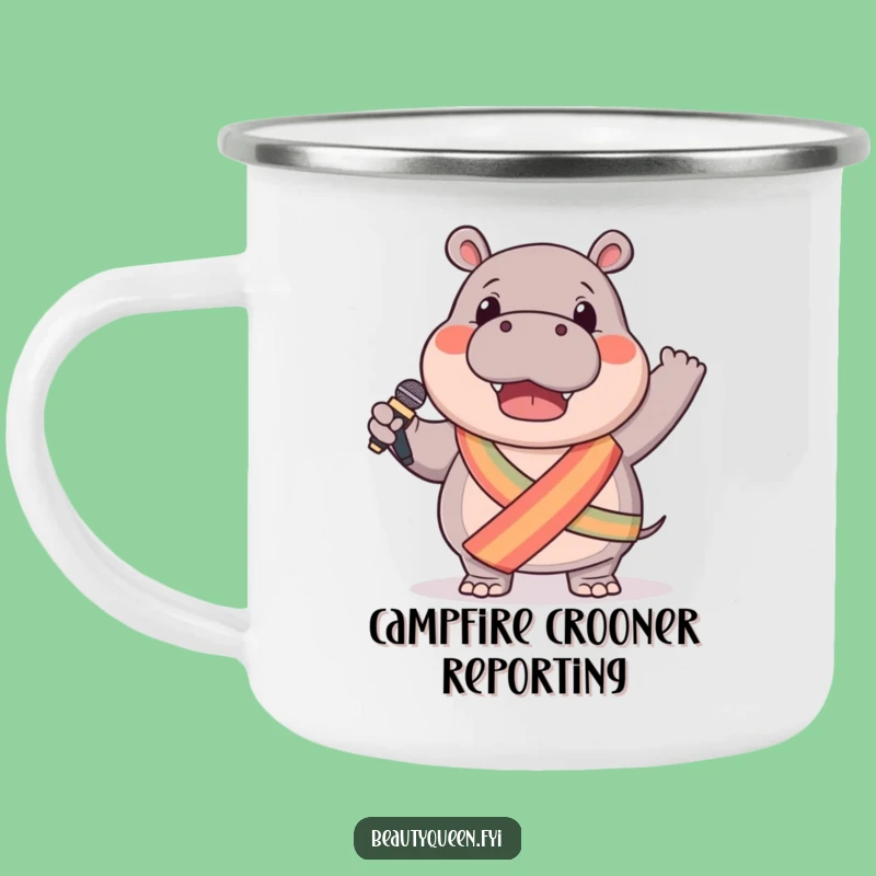 Funny Hippo Camping Mug: Microphone Star Performer, Sash Style, Outdoor Gift