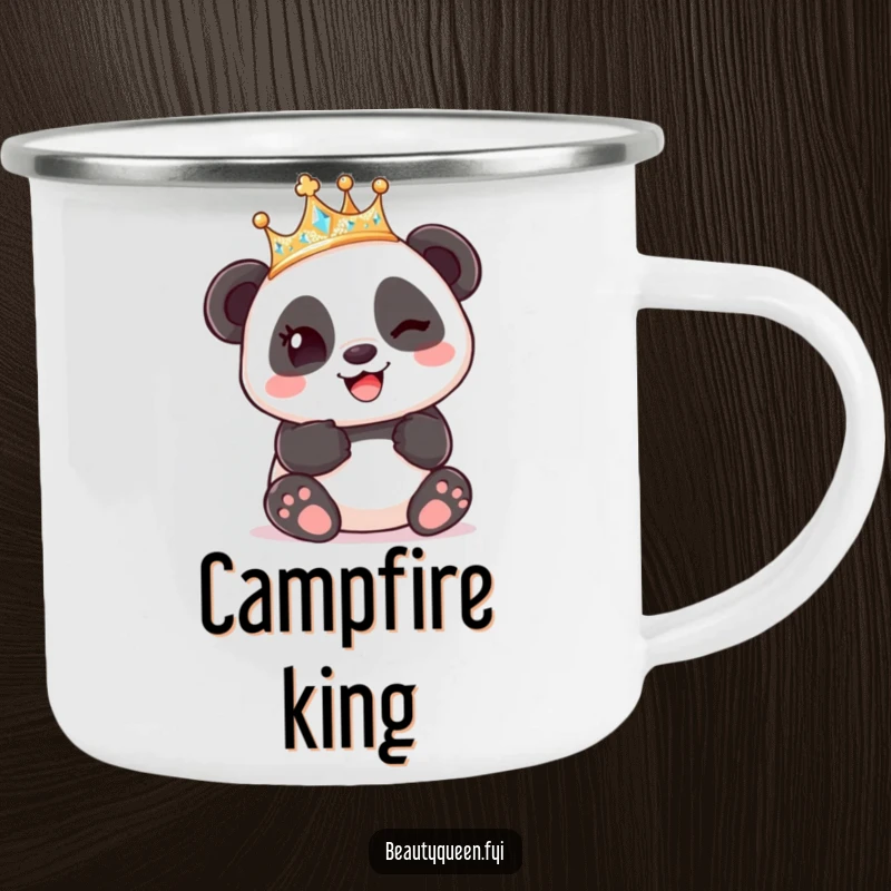 Funny Panda King Crown Camping Mug, a panda wearing a crown winks playfully, for humorous outdoor enjoyment.