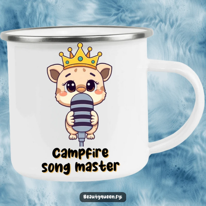 Funny camping mug showing a curious animal with a crooked crown, looking over a large microphone.