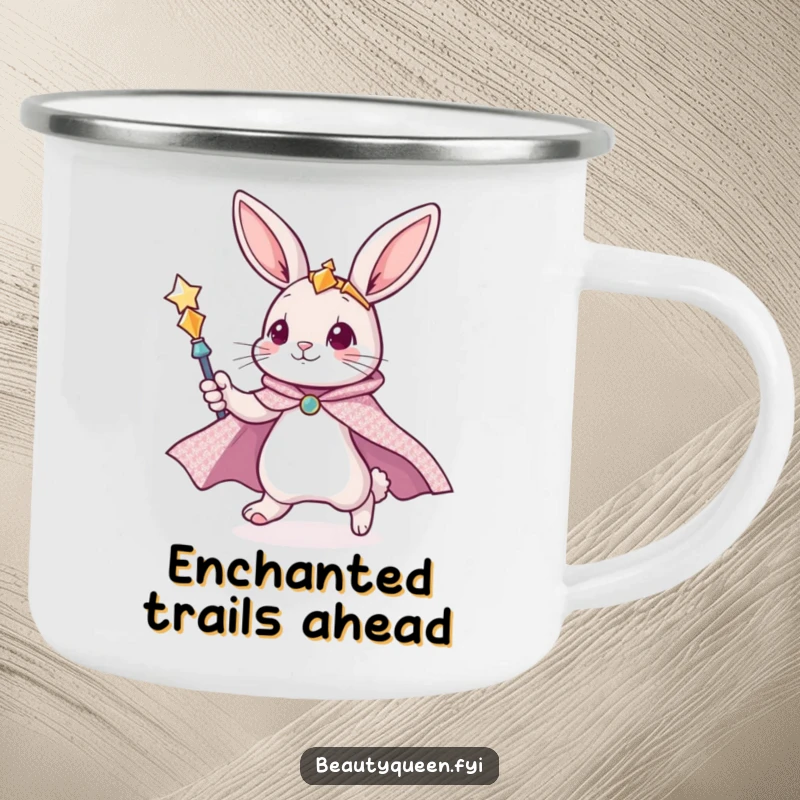 Funny camping mug featuring a cute bunny in a glittering cape, zooming with a scepter in an outdoor setting.