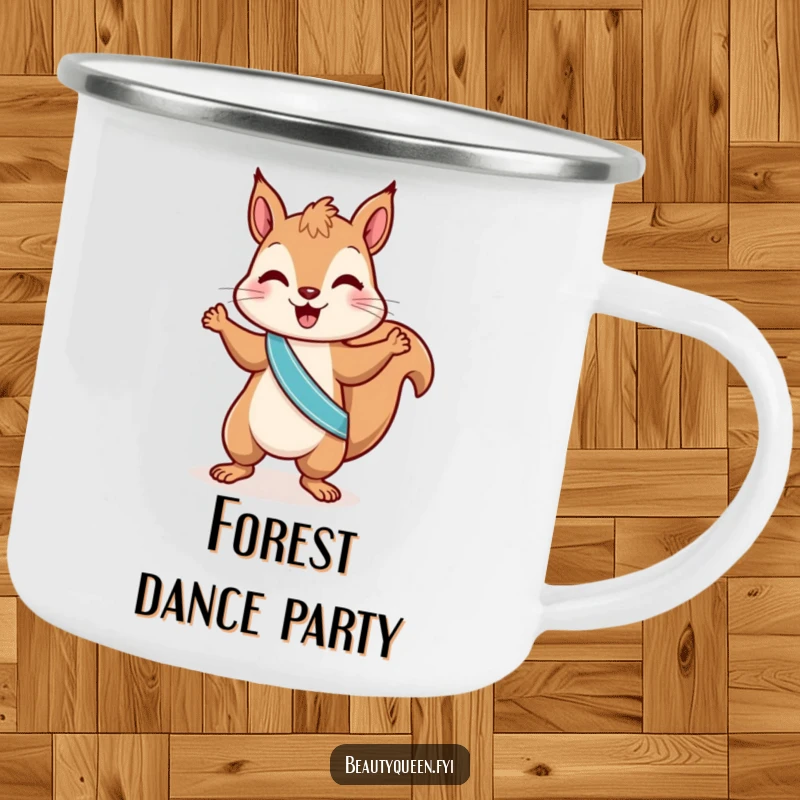 Funny squirrel camping mug featuring a playful squirrel in a sash, doing a little dance, perfect for enjoying hot drinks with hilarious nutty vibes.