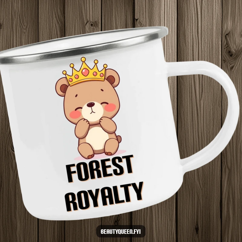 Funny enamel camping mug with a bashful bear cub wearing a crown and practicing a curtsey, perfect for outdoor enthusiasts who appreciate humorous drinkware.