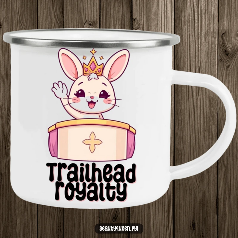 Funny bunny wearing a sparkly tiara waves from a podium, ready for outdoor fun on a camping mug.