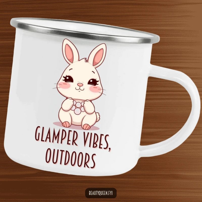 Funny bunny necklace camping mug, blushing rabbit enamel cup, durable for outdoor excursions, a humorous and chic gift.