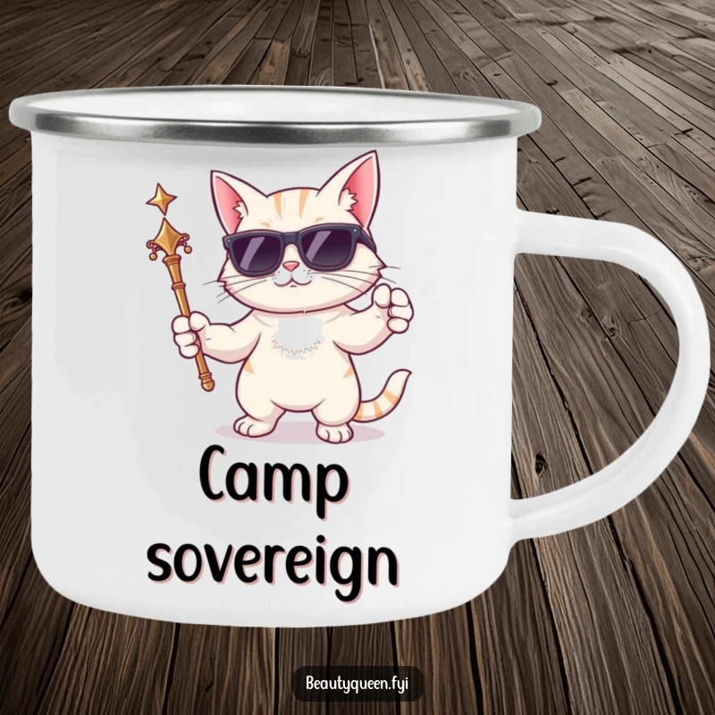 Funny cat camping mug featuring a cartoon cat in sunglasses, holding a scepter and posing dramatically, perfect for durable outdoor use.