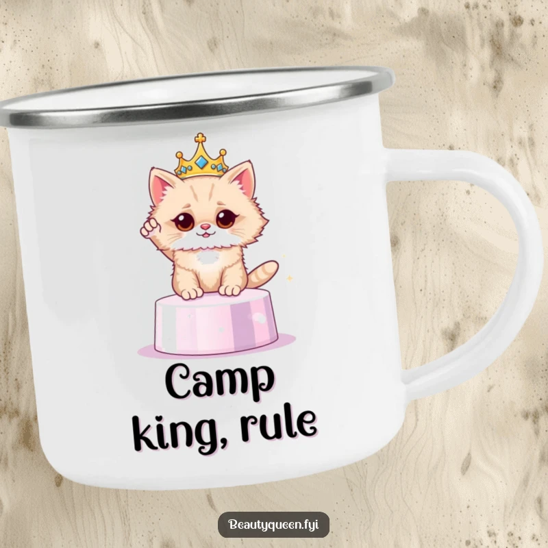 Funny cat crown camping mug, regal feline enamel cup, durable for outdoor escapades, a humorous and noble gift.