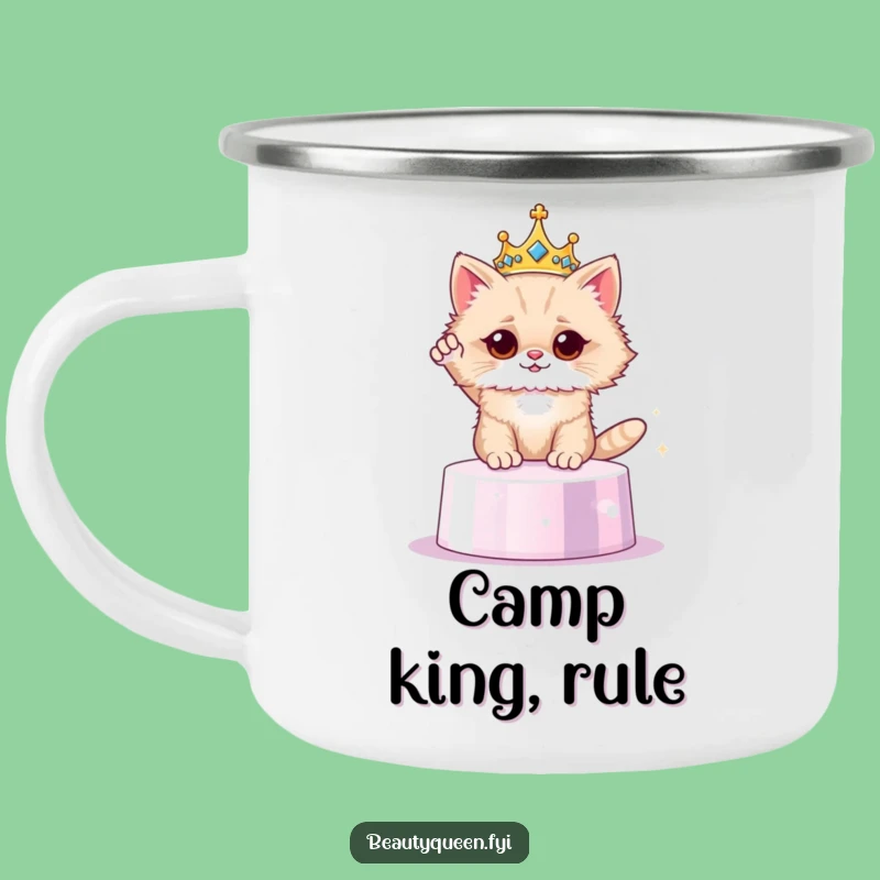 Funny Cat Crown Camping Mug - Regal Feline Enamel Cup - Outdoor Humor Gift