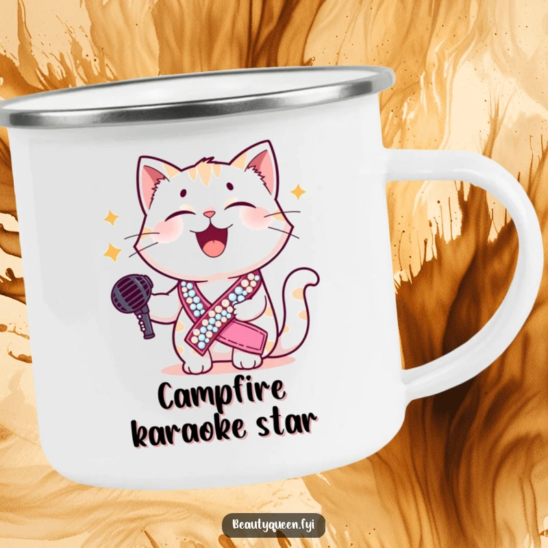 Funny cat camping mug featuring a giggling cat in a sequined sash holding a microphone, perfect for enjoying drinks outdoors with star power.