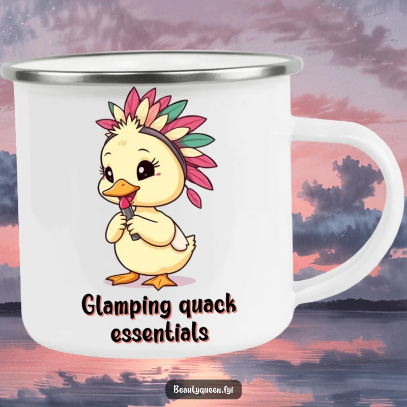 Funny duckling in a feathered headdress posing with lipstick on a sturdy camping mug, ideal for outdoor adventures.