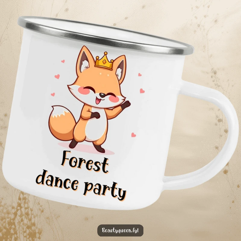 Funny fox camping mug with a goofy fox wearing a tilted crown, performing a whimsical dance, perfect for charming outdoor sips.